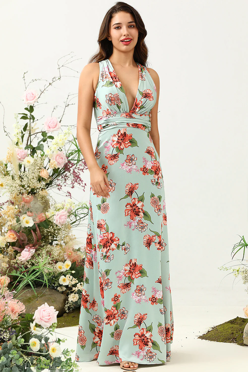 A Line Deep V Neck Green Printed Long Bridesmaid Dress - JUORTHO