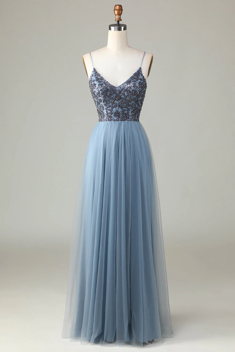 Chic Romantic A Line Spaghetti Straps Dusty Blue Long Bridesmaid Dress with Beading - JUORTHO
