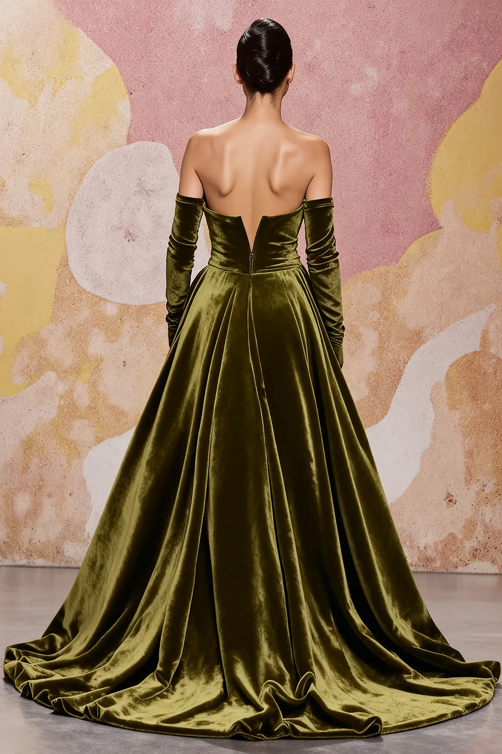 Dark Red Velvet Off the Shoulder A Line Long Evening Dress with Sleeves - JUORTHO