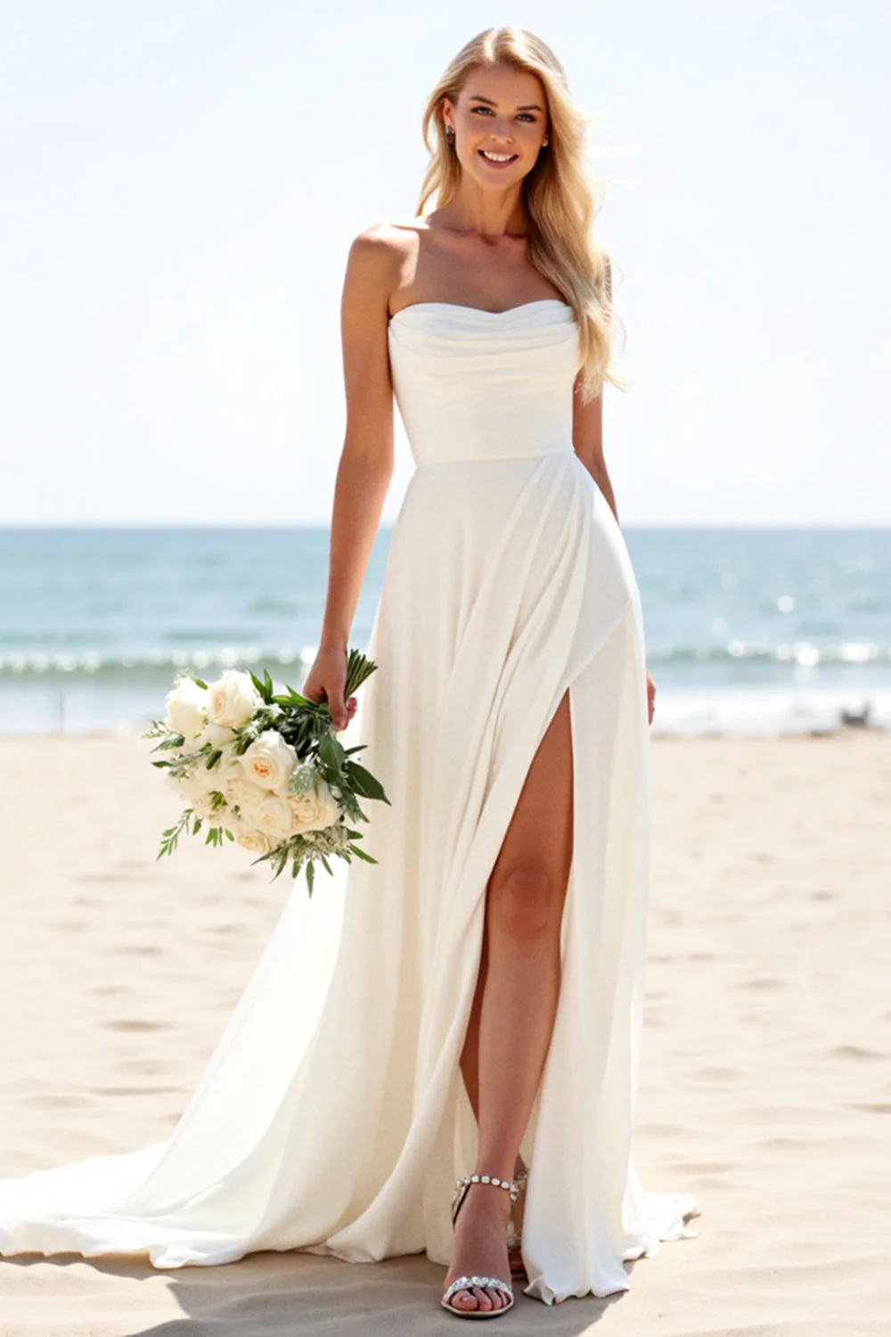 A Line Ivory Chiffon Sweep Train Strapless Boho Wedding Dress with Slit - JUORTHO