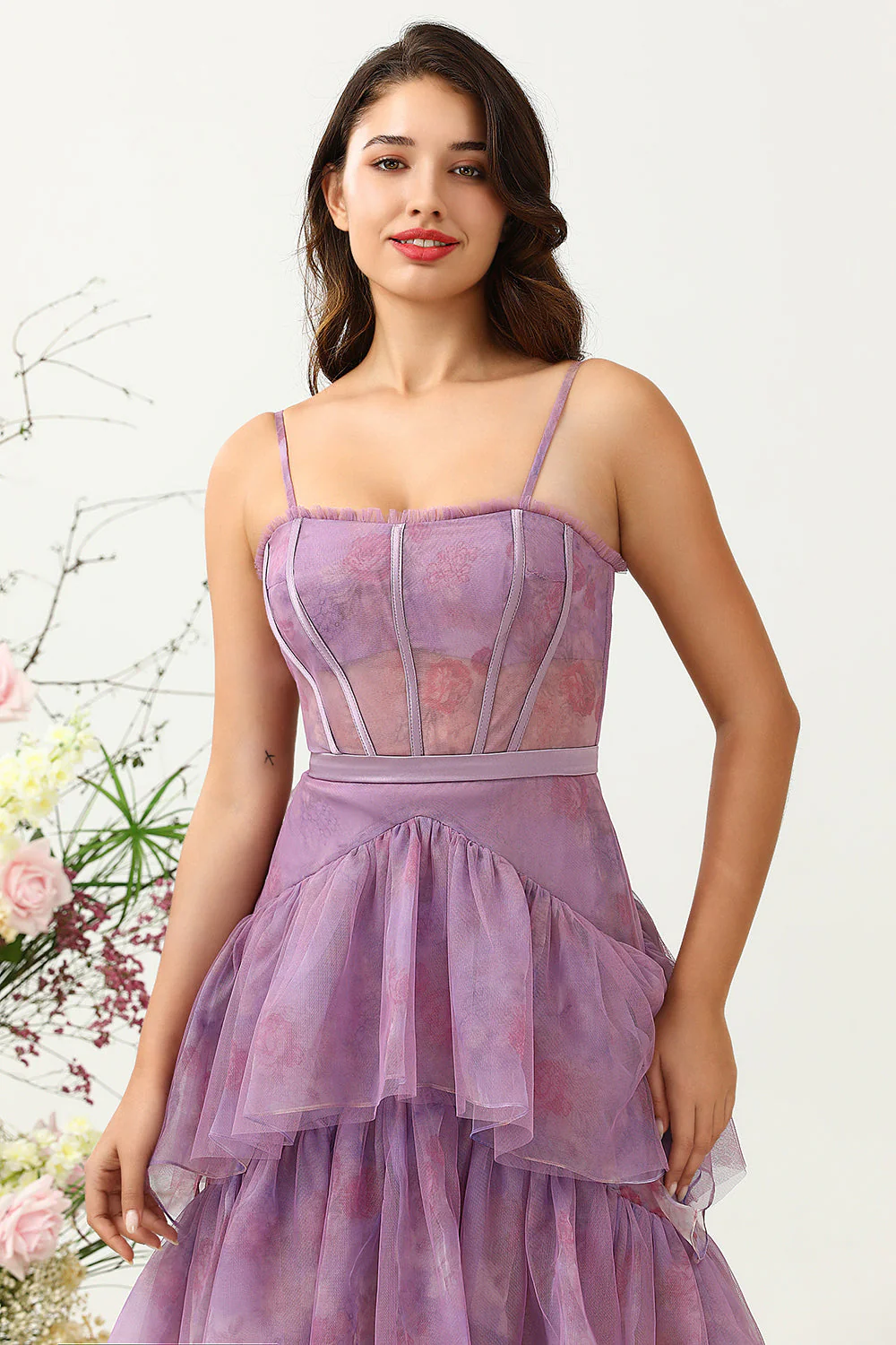 Purple Tulle Spaghetti Straps Corset Bridesmaid Dress - JUORTHO