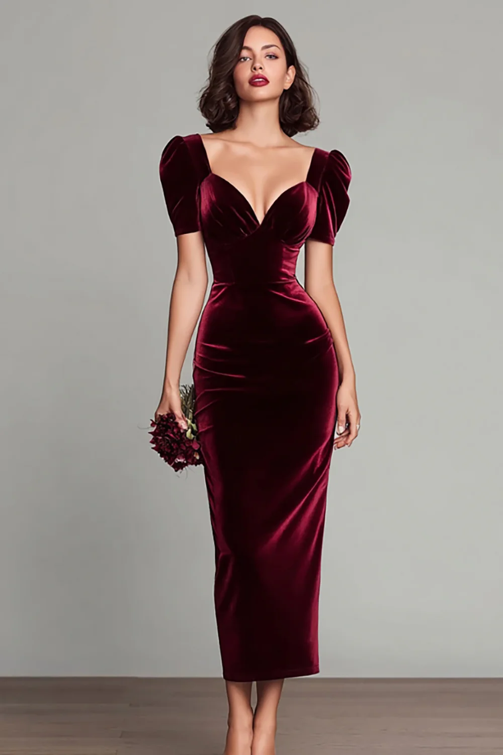 Burgundy Velvet Sheath Long Holiday Party Dress - JUORTHO