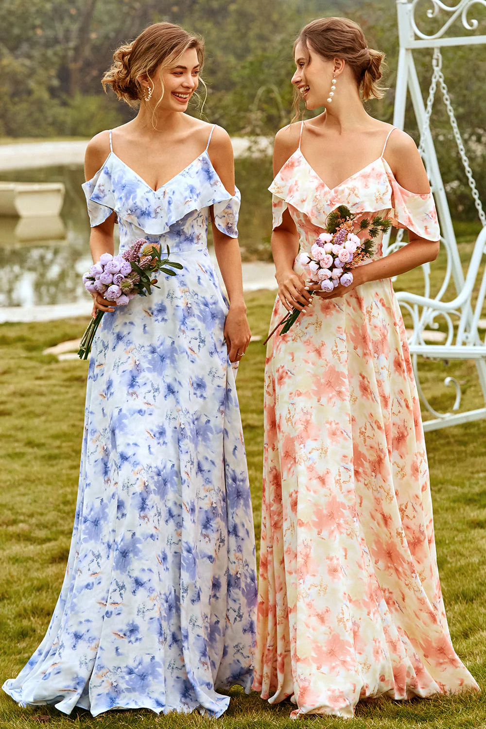 Print Blush Bridesmaid Dress with Ruffle - JUORTHO