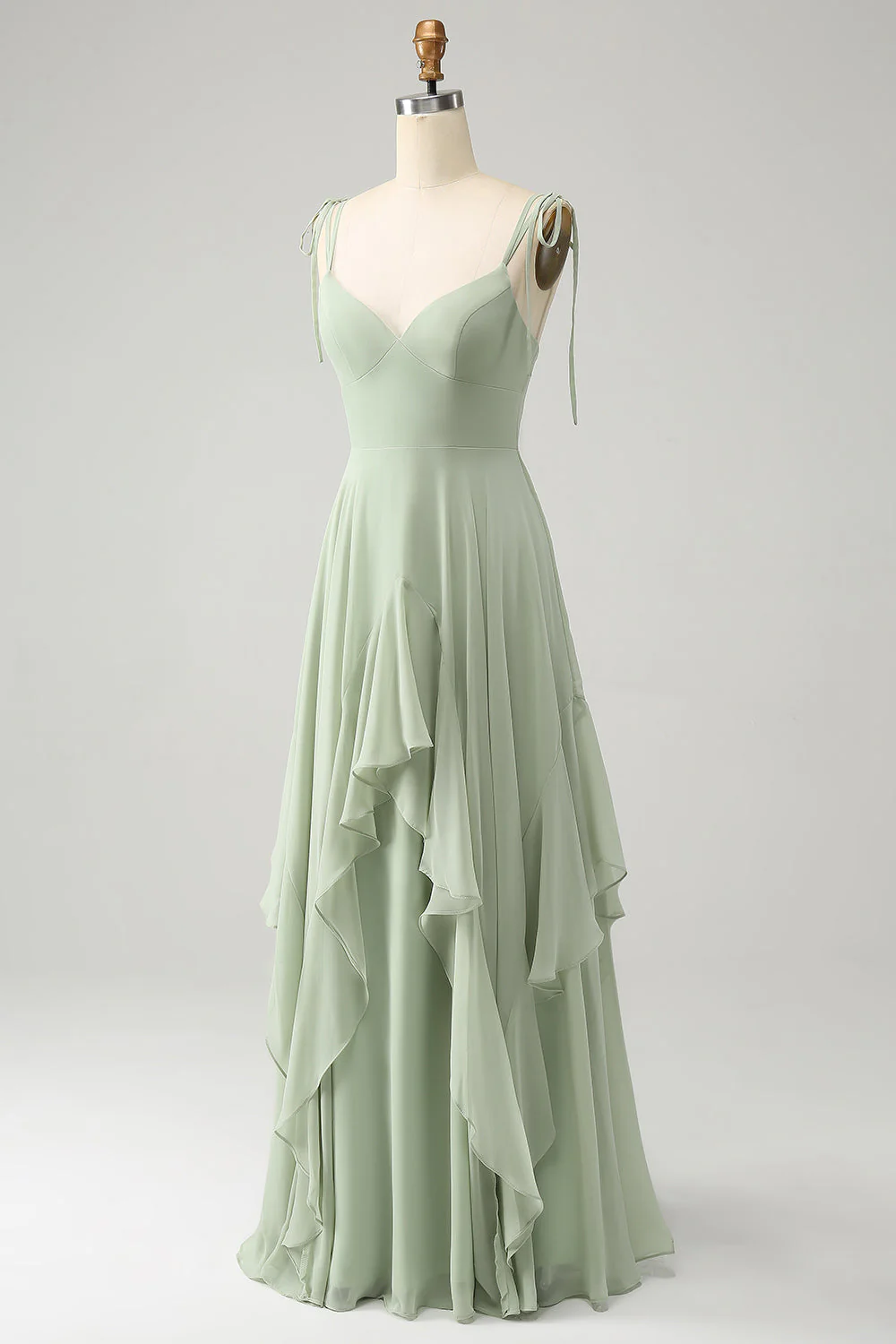Matcha A-Line Spaghetti Straps Chiffon Bridesmaid Dress with Ruffles - JUORTHO