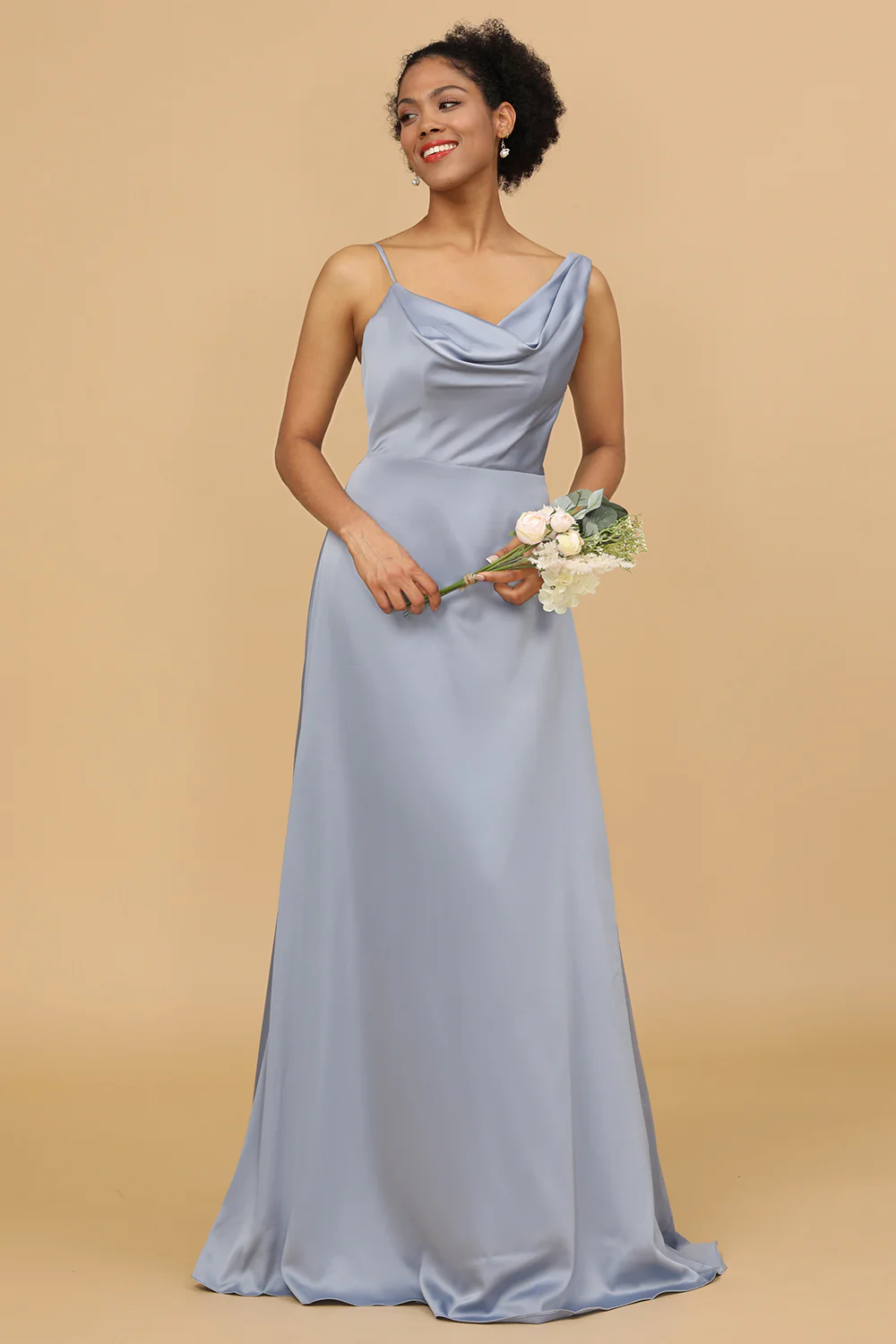 Grey Blue Cowl Neck Floor-Length Satin Bridesmaid Dress - JUORTHO