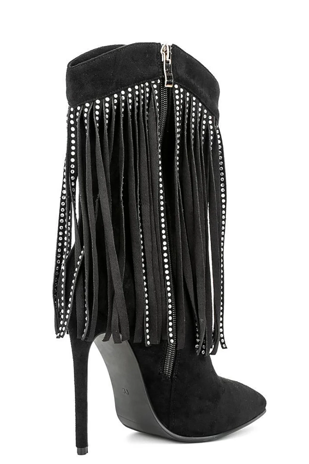 Black Suede Rhinestone Fringed Stiletto Heels Ankle Boots - JUORTHO