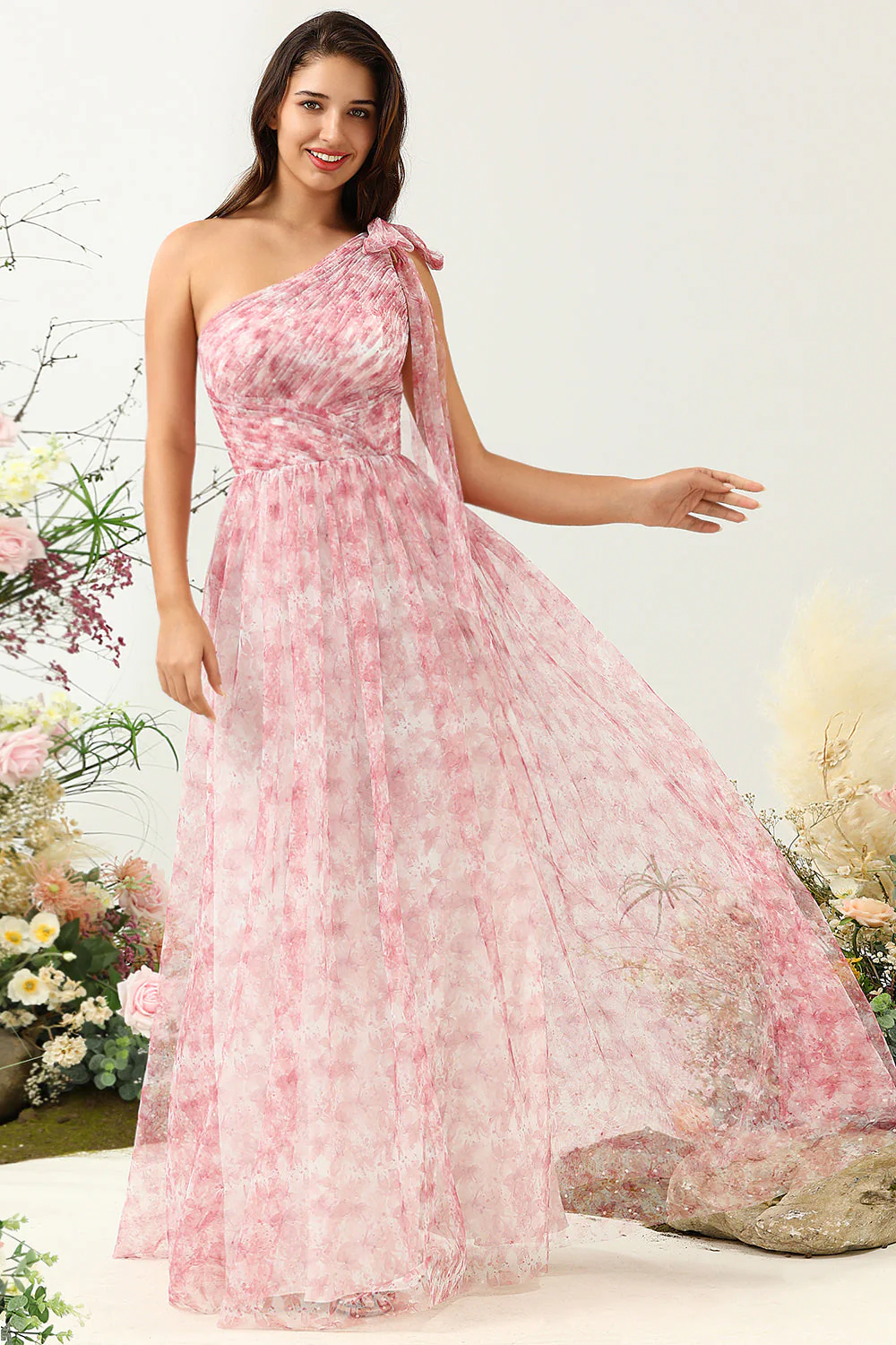 Red A Line One Shoulder Print Long Tulle Bridesmaid Dress - JUORTHO