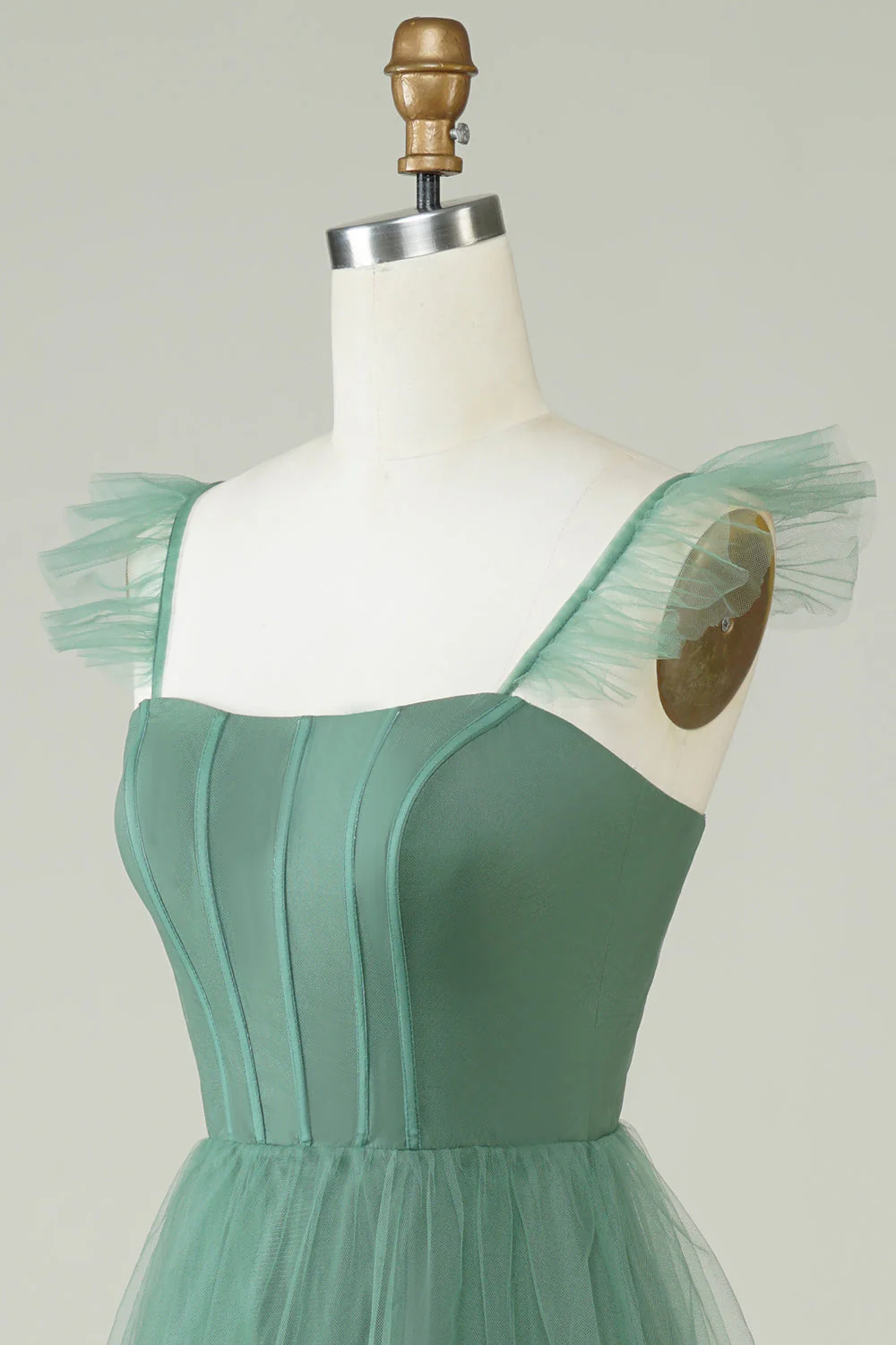 A Line Spaghetti Straps Long Tulle Eucalyptus Bridesmaid Dress - JUORTHO