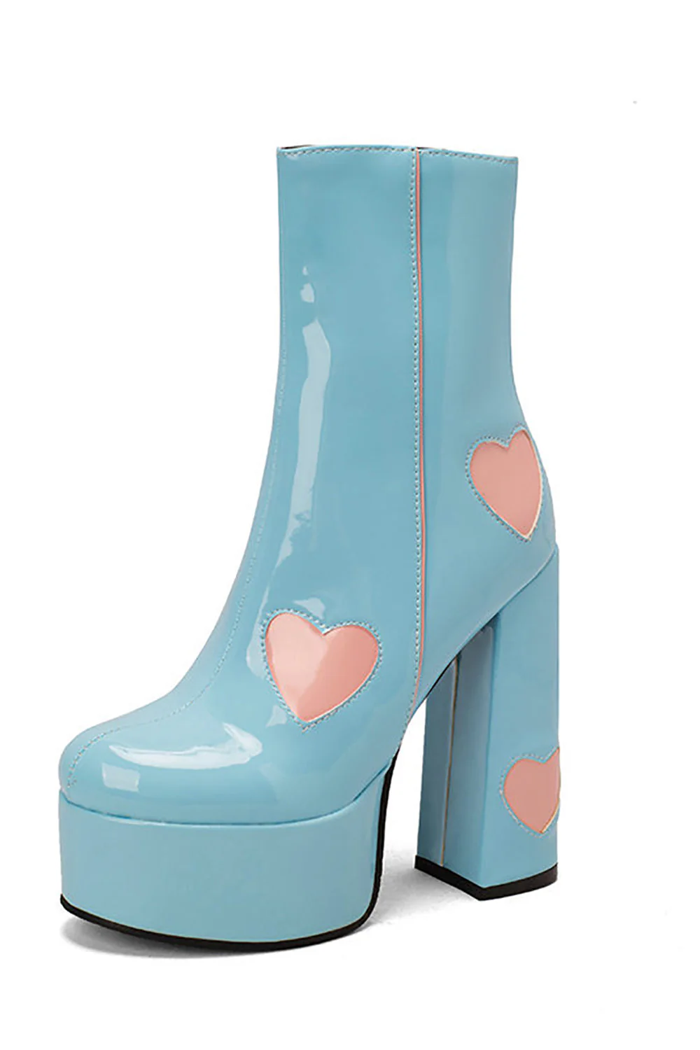 Black PU Leather Platform Chunky Block High Heel Boots with Pink Hearts - JUORTHO