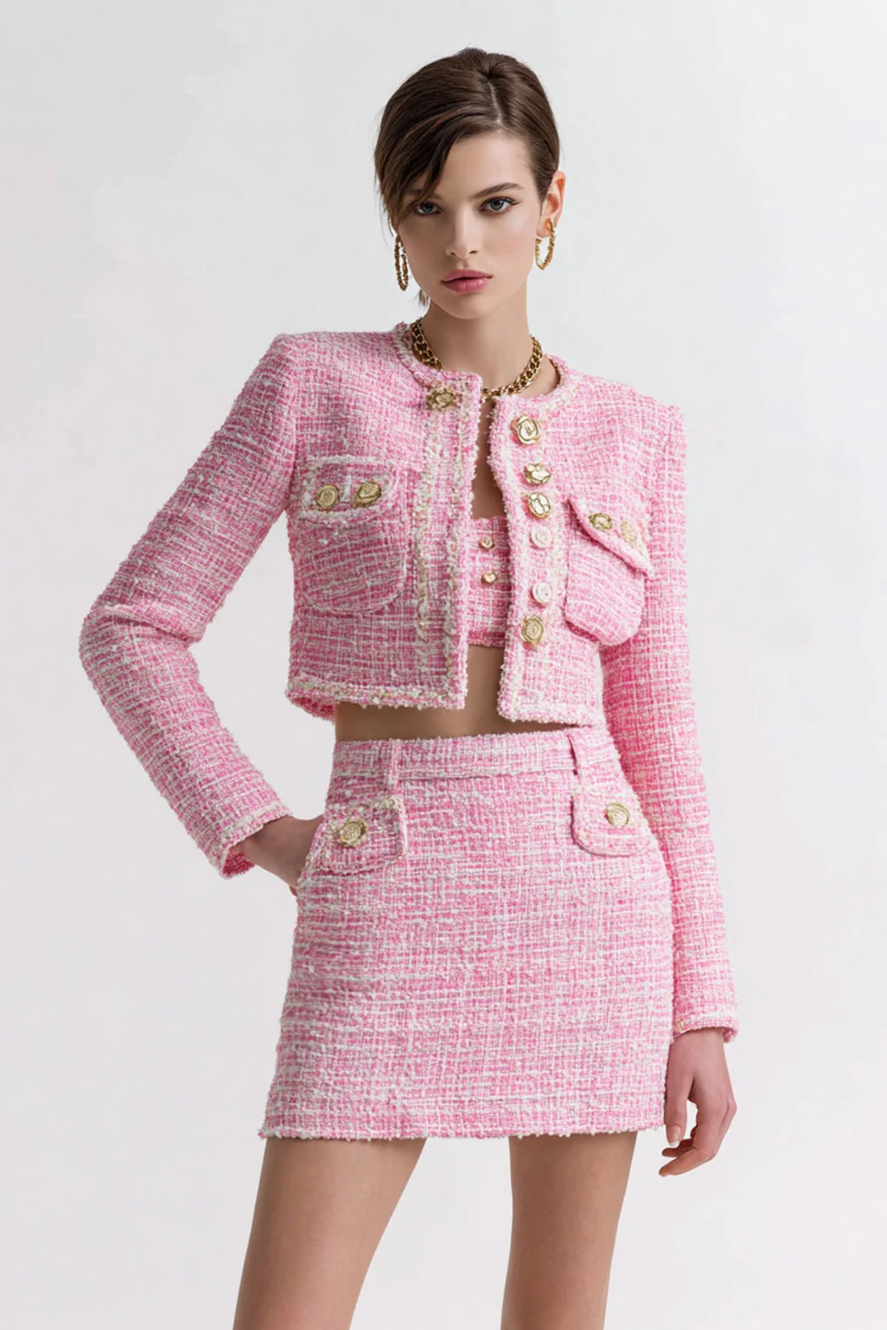 Pink Tweed 3 Piece Short Blazer Homecoming Outfits with Pockets - JUORTHO