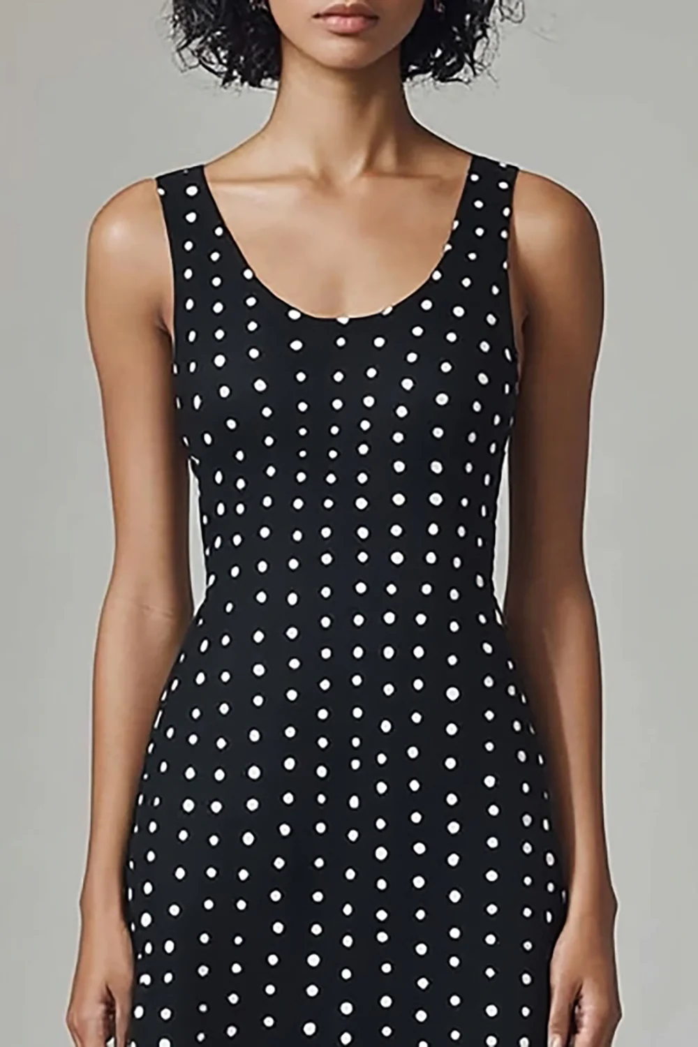 Black and White Chiffon Scoop Neck Maxi A Line Polka Dot Dress - JUORTHO