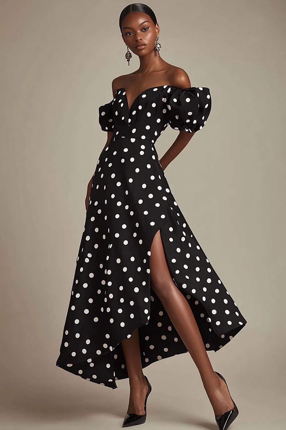 Boho Black and White Satin Puff Sleeves Maxi Polka Dot Dress with Slit - JUORTHO