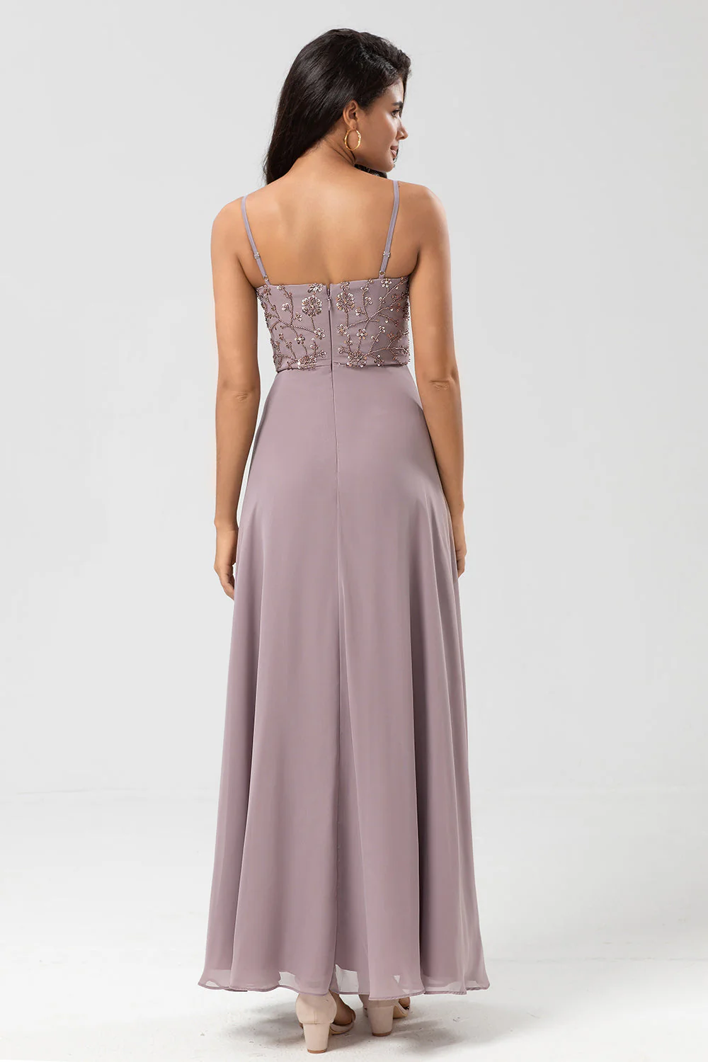 Certifiably Chic A Line Spaghetti Straps Dusty Pink Long Bridesmaid Dress with Beaded - JUORTHO