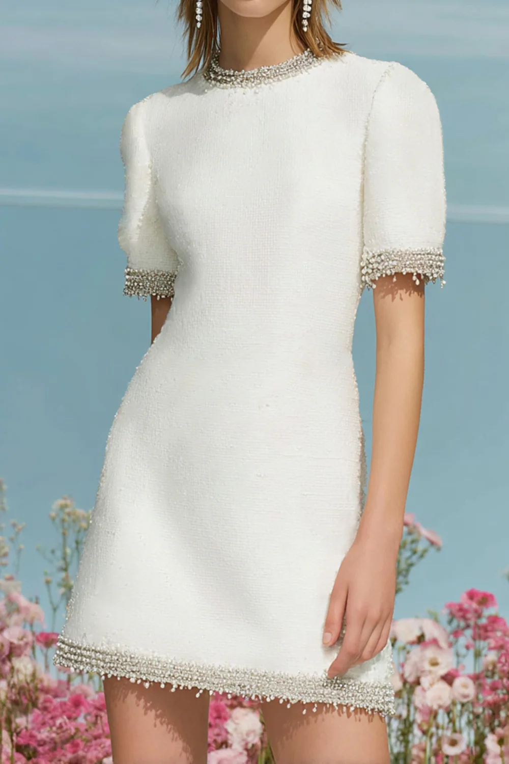 Tweed White Round Neck Short Homecoming Dress with Sleeves - JUORTHO