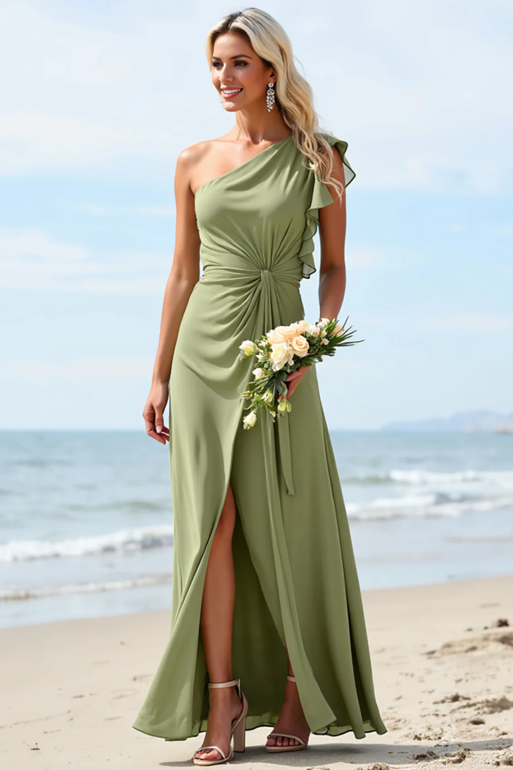 Sheath Chiffon Dusty Sage Boho Long Rufffled Bridesmaid Dress with Slit - JUORTHO
