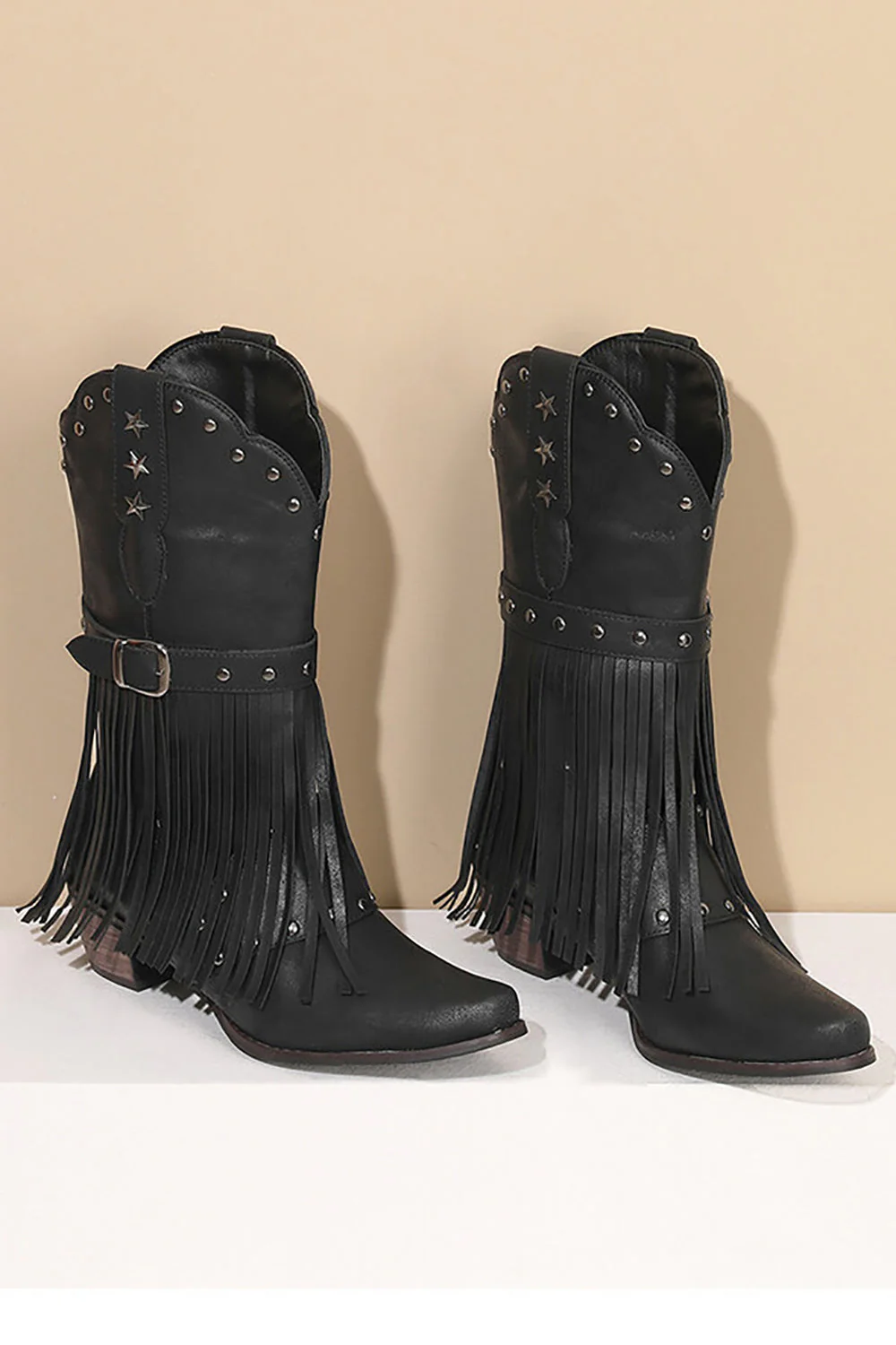 Retro Black Fringe Belt Buckle Chunky Low Heel Cowgirl Boots - JUORTHO