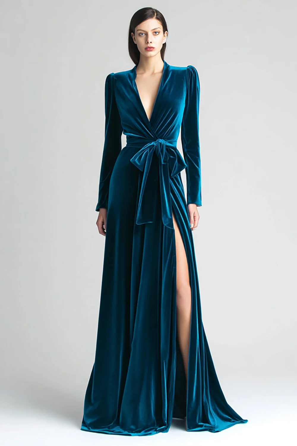 Peacock Blue Velvet A Line Ruched Long Sleeves Holiday Party Dress with Sash - JUORTHO