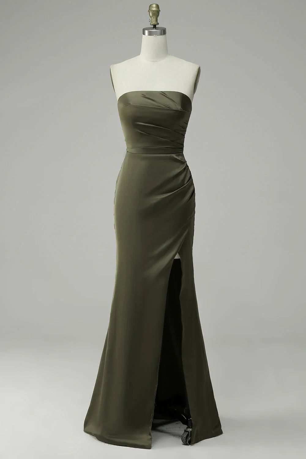 Green Strapless Satin Prom Dress with Slit - JUORTHO