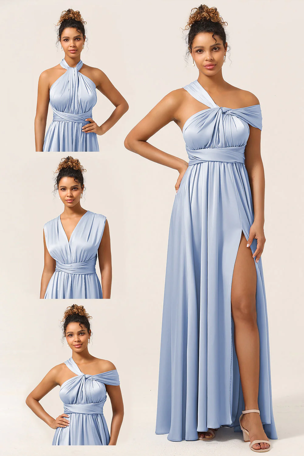 Blue Satin Convertible Bridesmaid Dress with Slit - JUORTHO
