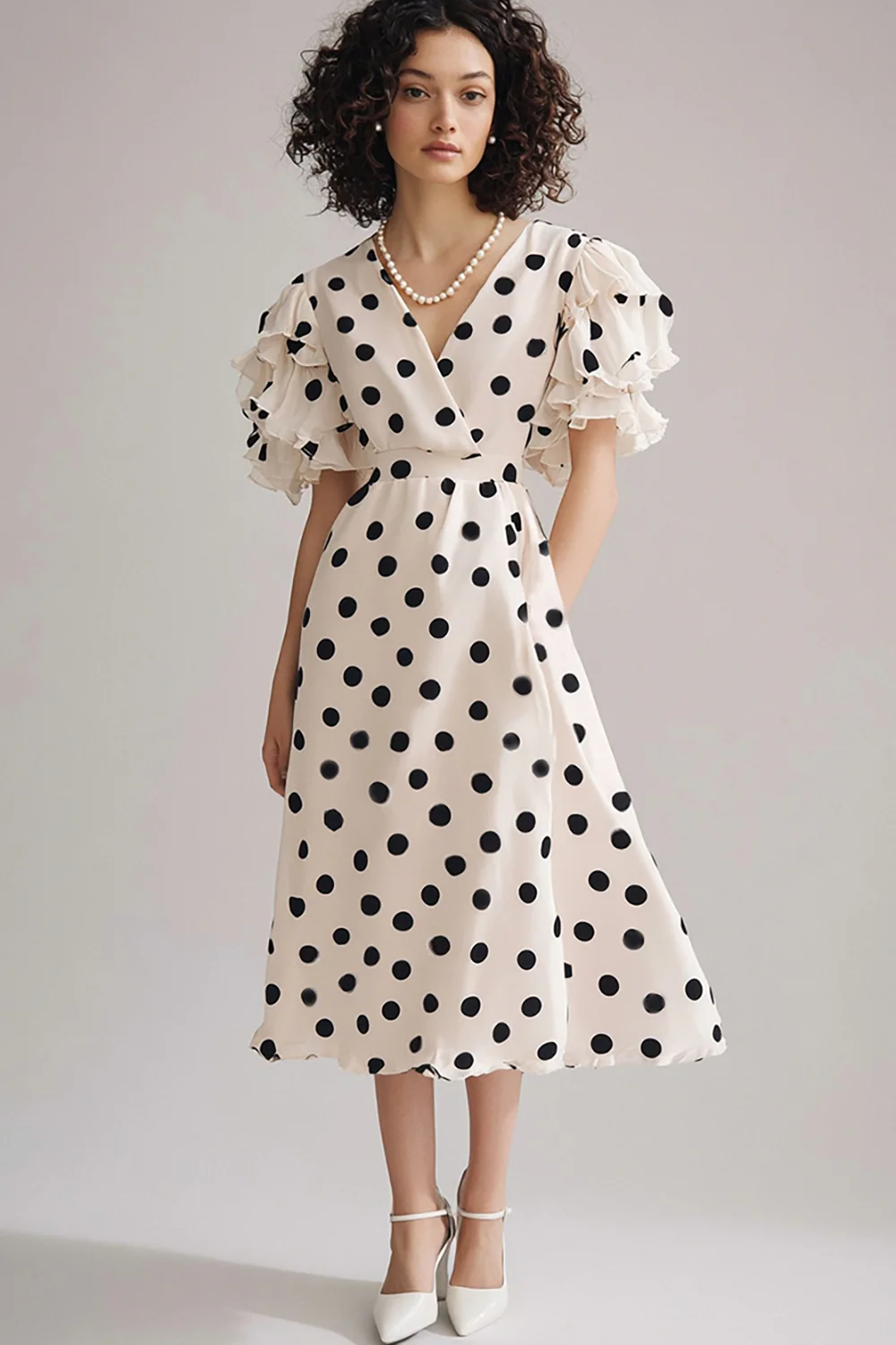 Black and White Chiffon V-Neck A Line Maxi Boho Polka Dot Dress with Ruffles - JUORTHO