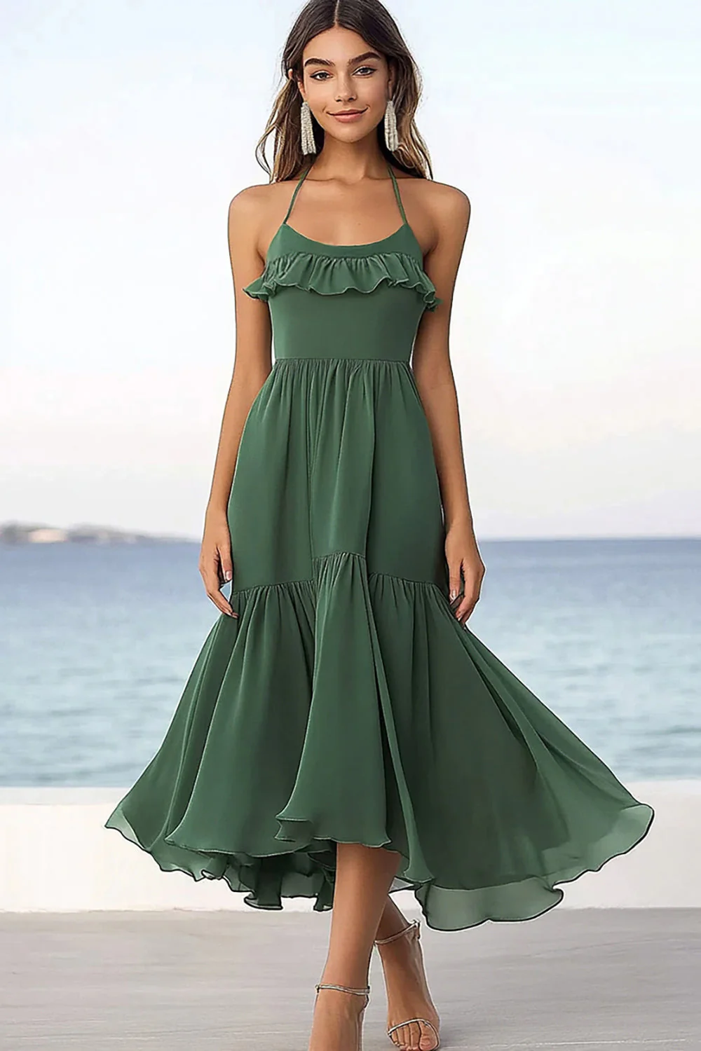 Eucalyptus A Line Chiffon Halter Boho Maxi Dress with Ruffles - JUORTHO