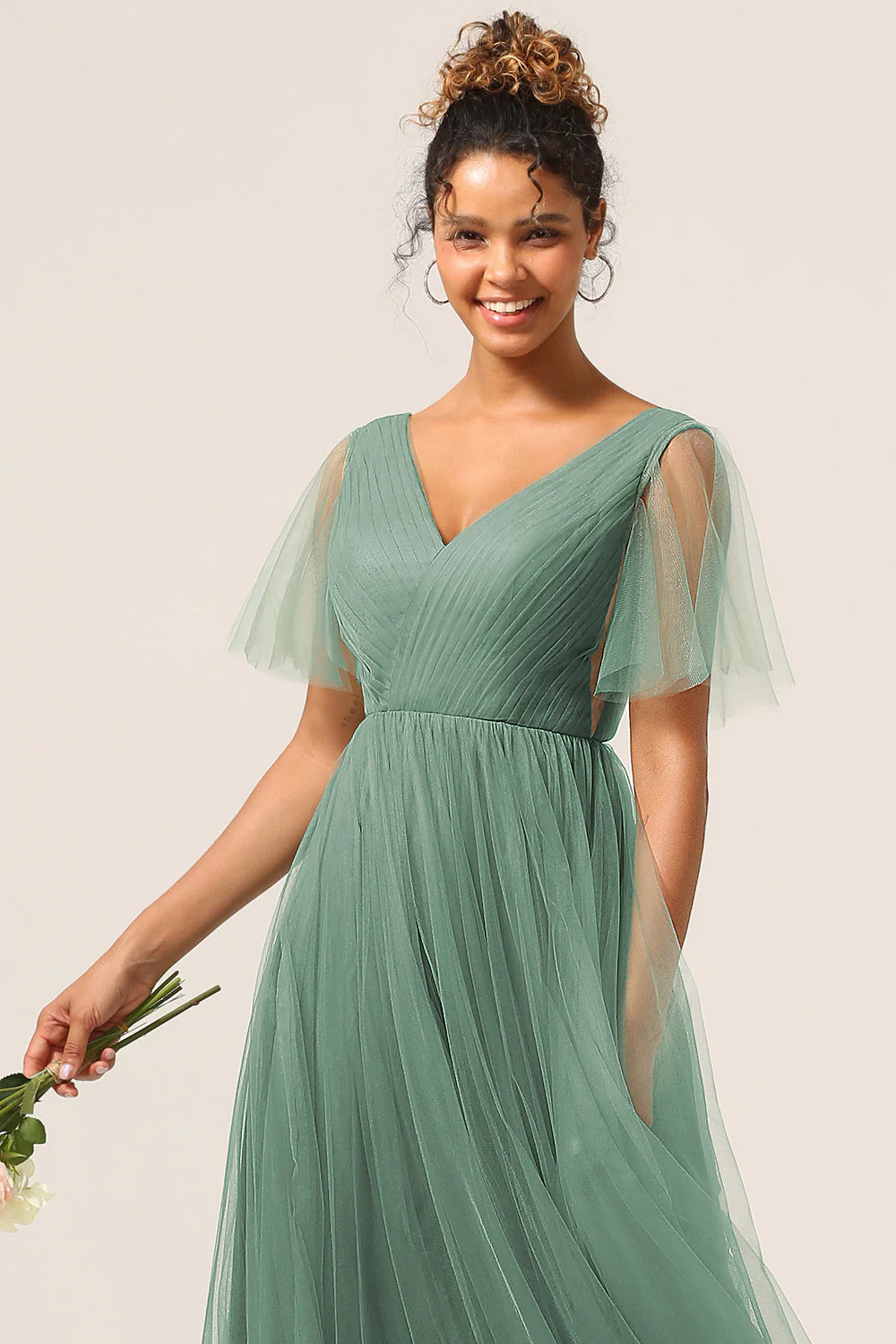 Eucalyptus V Neck Open Back A Line Bridesmaid Dress - JUORTHO