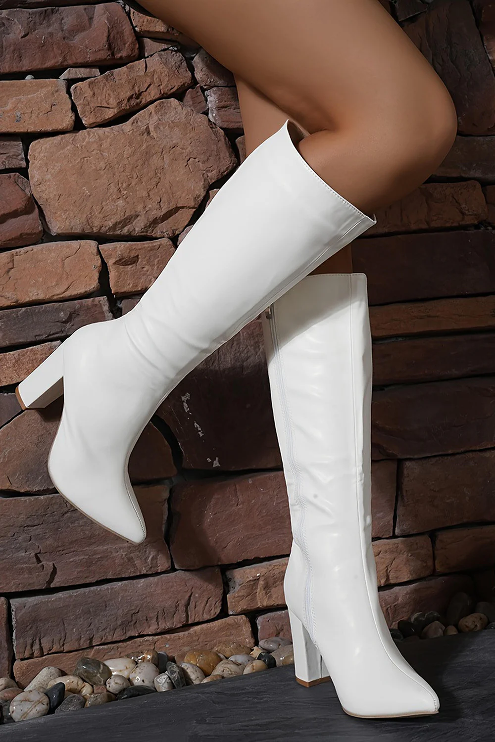 White Go Go Knee High Pointed Toe Chunky Heel Boots - JUORTHO