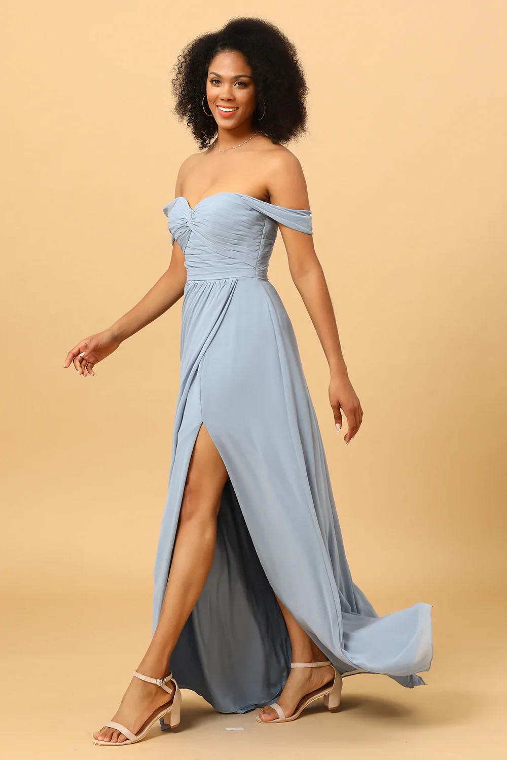 Off Shoulder Chiffon Blue Bridesmaid Dress with Slit - JUORTHO