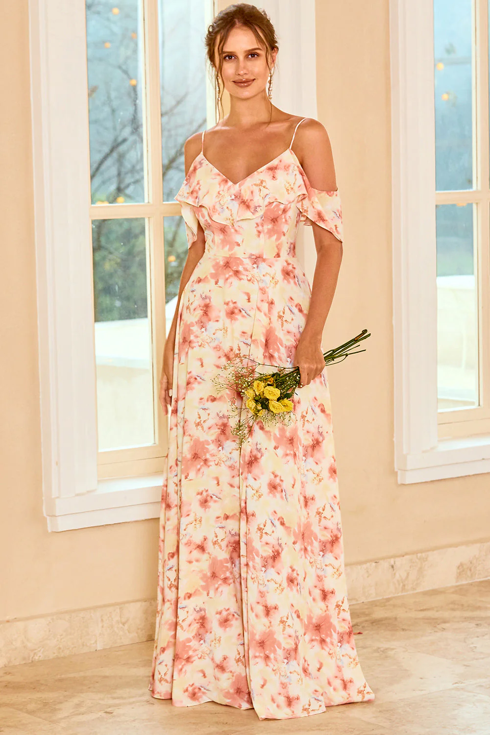 Print Blush Bridesmaid Dress with Ruffle - JUORTHO