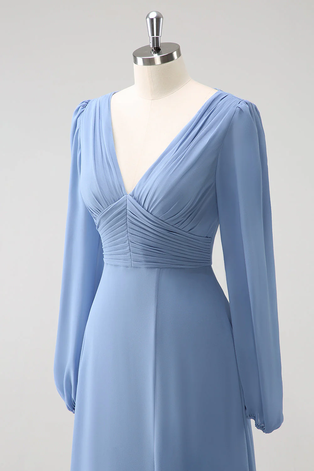 A Line Grey Blue V-Nack Chiffon Bridesmaid Dress with Long Sleeves - JUORTHO
