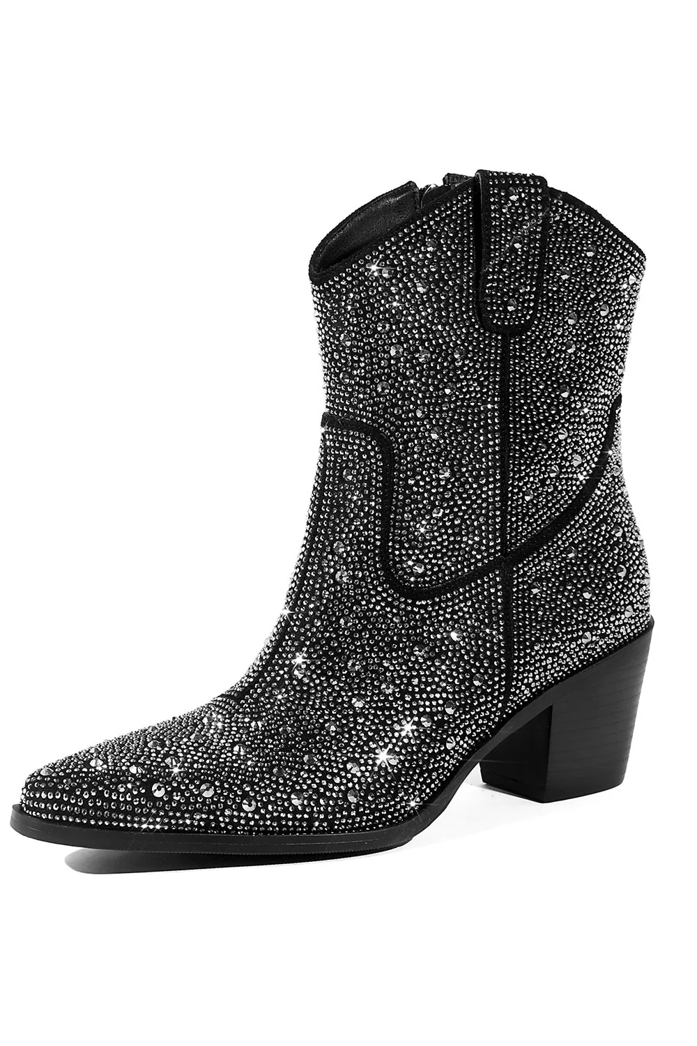 Black Rhinestone Contrast Color Western Ankle Boots - JUORTHO