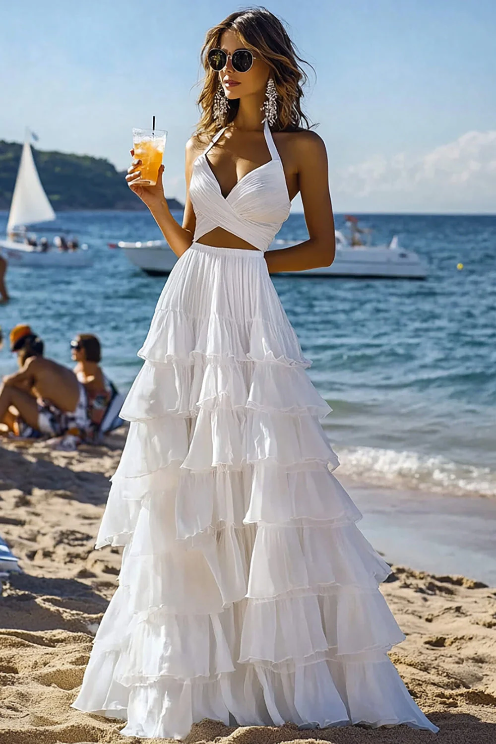 White 2 Piece Halter Tiered Ruffled Formal Dress - JUORTHO