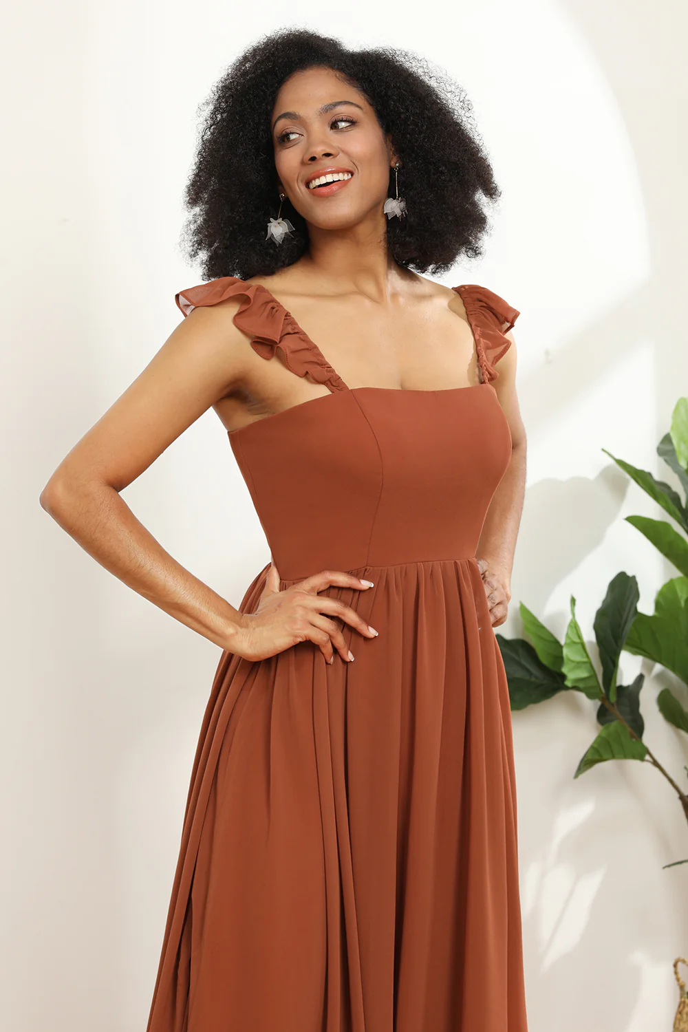 Terracotta A-line Straps Chiffon Bridesmaid Dress - JUORTHO