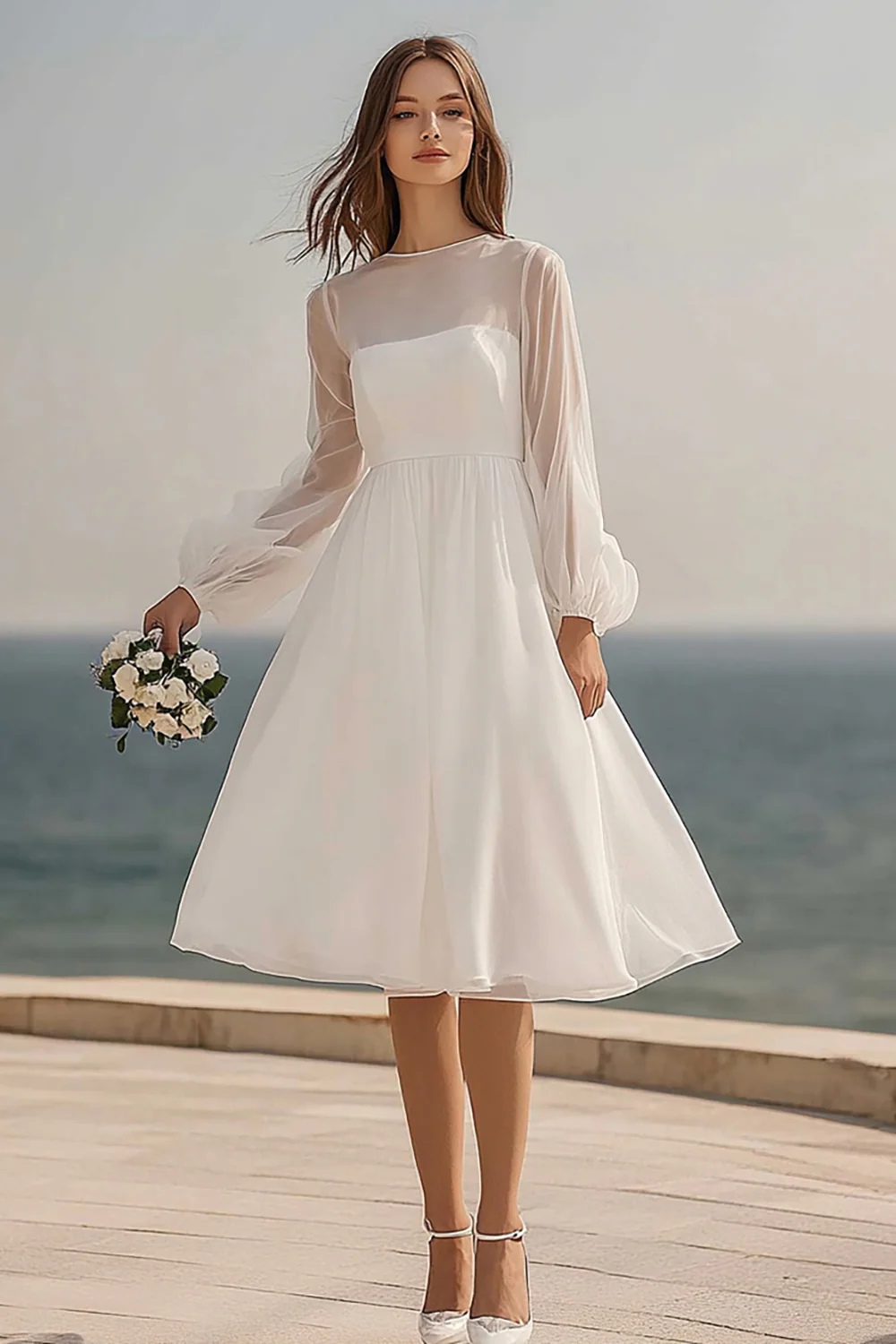 Ivory Tulle Long Sleeves Midi Bridal Shower Dress - JUORTHO