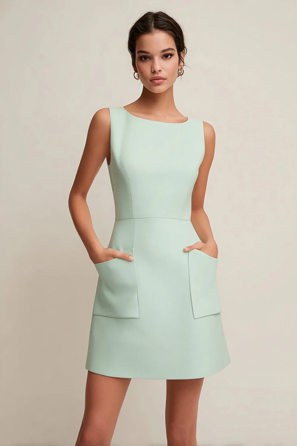 Simple Green Boat Neck Short Pageant Interview Dress with Pockets - JUORTHO
