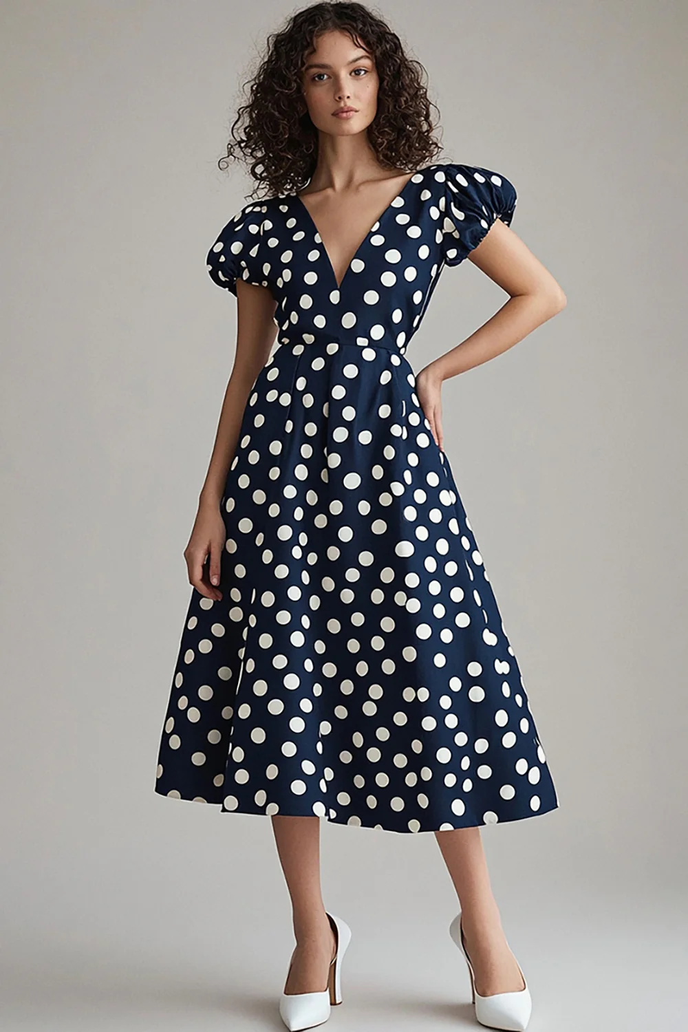 Satin Navy and White V-Neck A Line Maxi Polka Dot Dress with Sleeves - JUORTHO