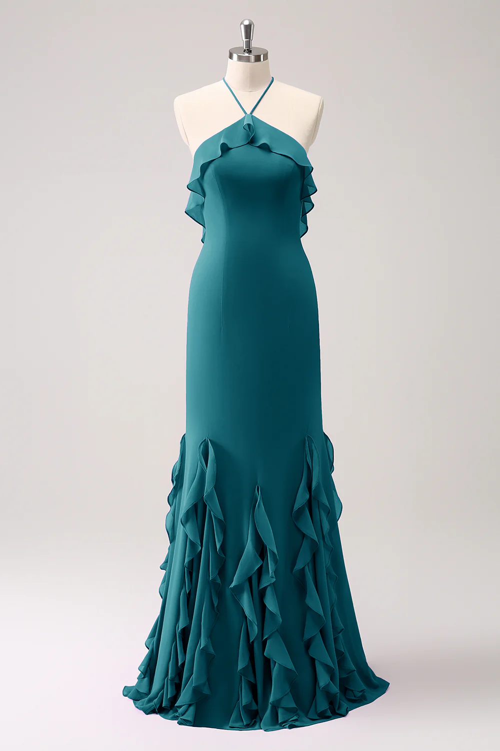 Tahiti Mermaid Halter Chiffon Long Bridesmaid Dress with Ruffles - JUORTHO