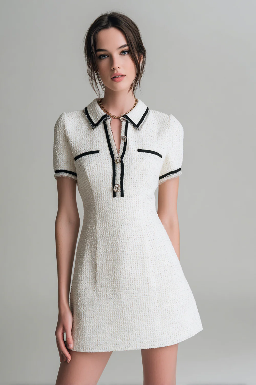 White Tweed Collar Neck Short Sleeves Pageant Interview Dress with Buttons - JUORTHO