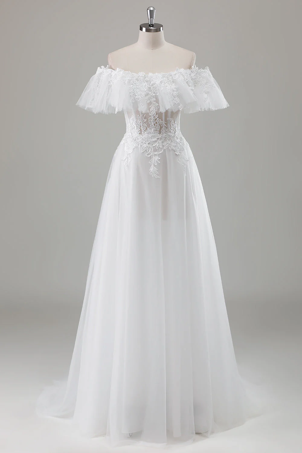 Ivory Off the Shoulder A-Line Wedding Dress with Appliqued Lace - JUORTHO