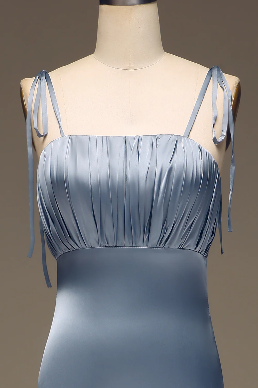 Dusty Blue Spaghetti Straps Sheath Satin Pleated Bridesmaid Dress - JUORTHO