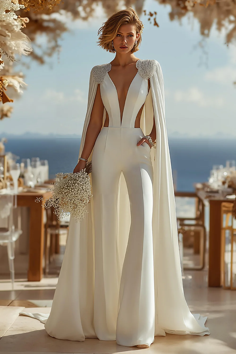 Ivory Deep V-Neck Cut Out Bridal Jumpsuits with Cape - JUORTHO