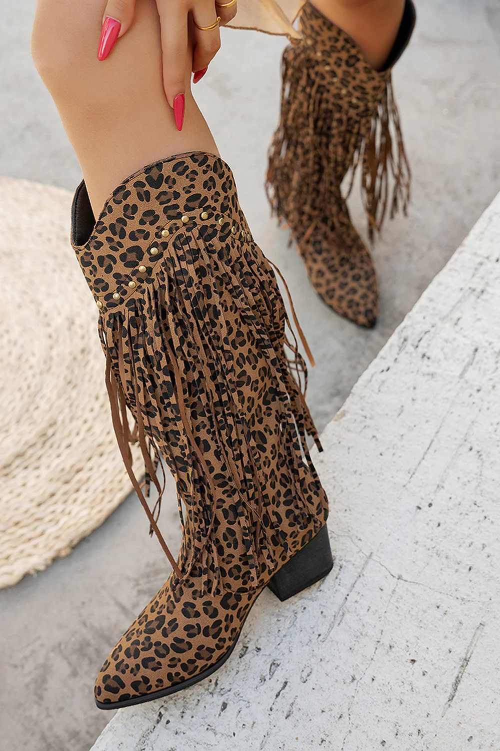 Brown Leopard Mid Calf Chunky Heel Cowgirl Boots with Fringes - JUORTHO