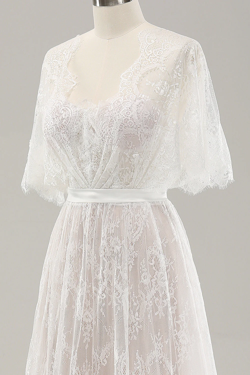 White A Line Sweetheart Lace Long Wedding Dress with Short Sleeves - JUORTHO