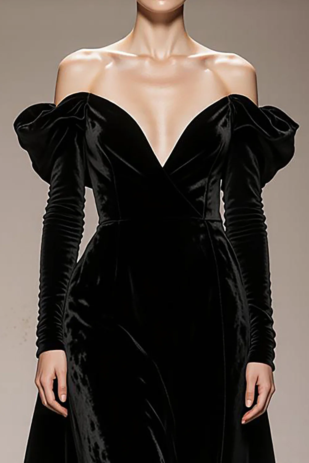 Black Off the Shoulder Velvet A Line Long Formal Dress with Sleeves - JUORTHO