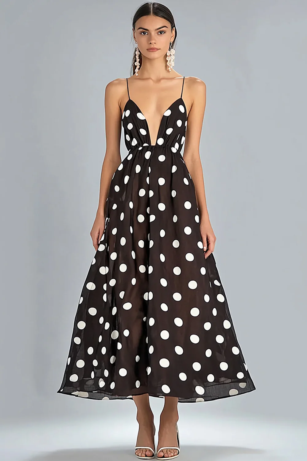 Coffee and White Chiffon Spaghetti Straps A Line Boho Maxi Polka Dot Dress - JUORTHO
