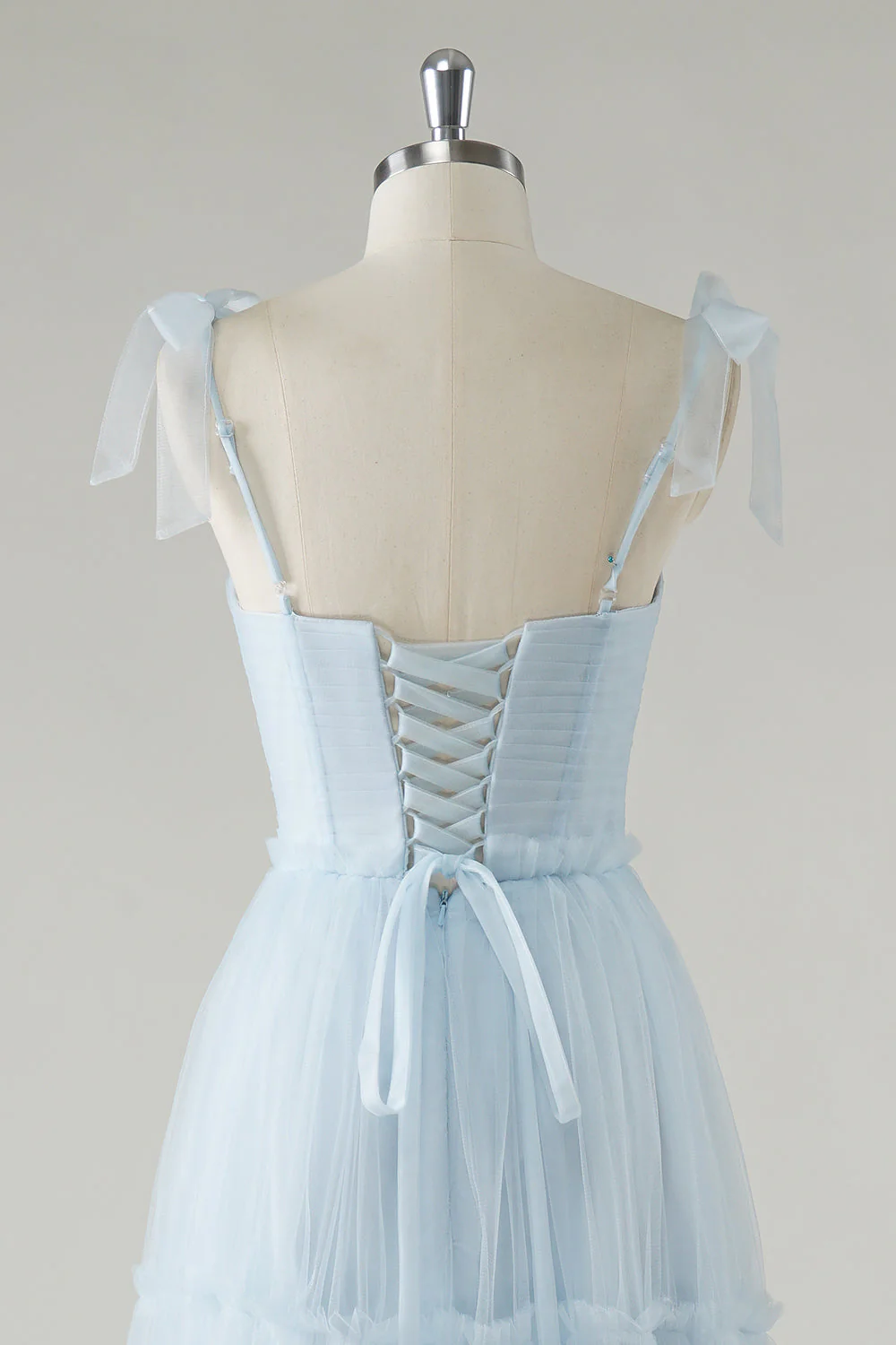 A-Line Bow Tie Straps Sky Blue Tulle Long Bridesmaid Dress - JUORTHO