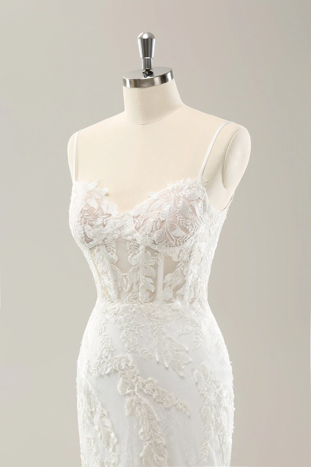 White Mermaid Spaghetti Straps Applique Lace Corset Wedding Dress with Lace-up Back - JUORTHO