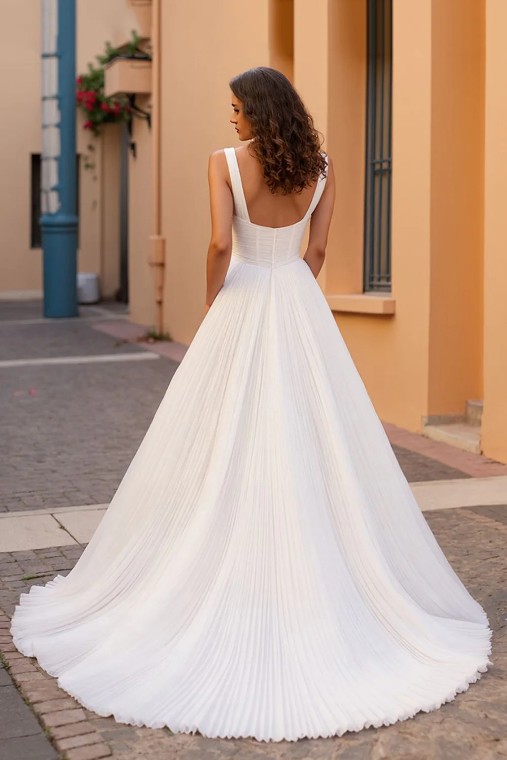 Ivory A Line Tulle Square Neck Sweep Train Wedding Dress - JUORTHO