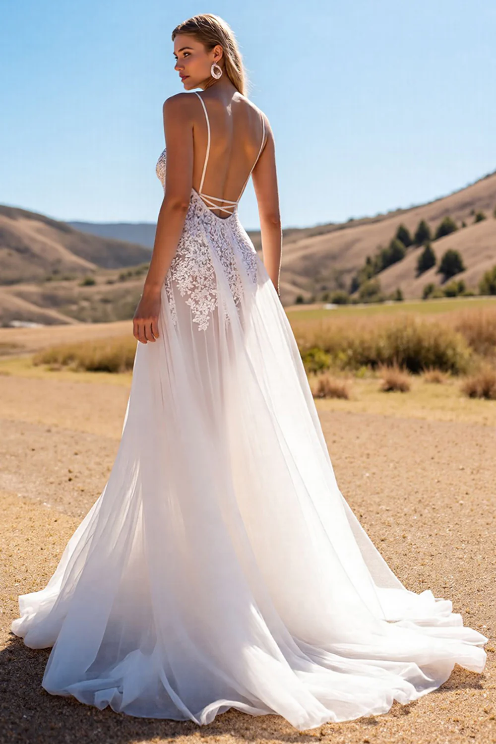 Boho Ivory Sweep Train Wedding Dress with Lace - JUORTHO