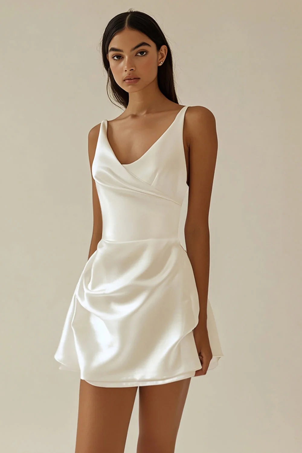 A Line Satin White V Neck Graduation Dress - JUORTHO